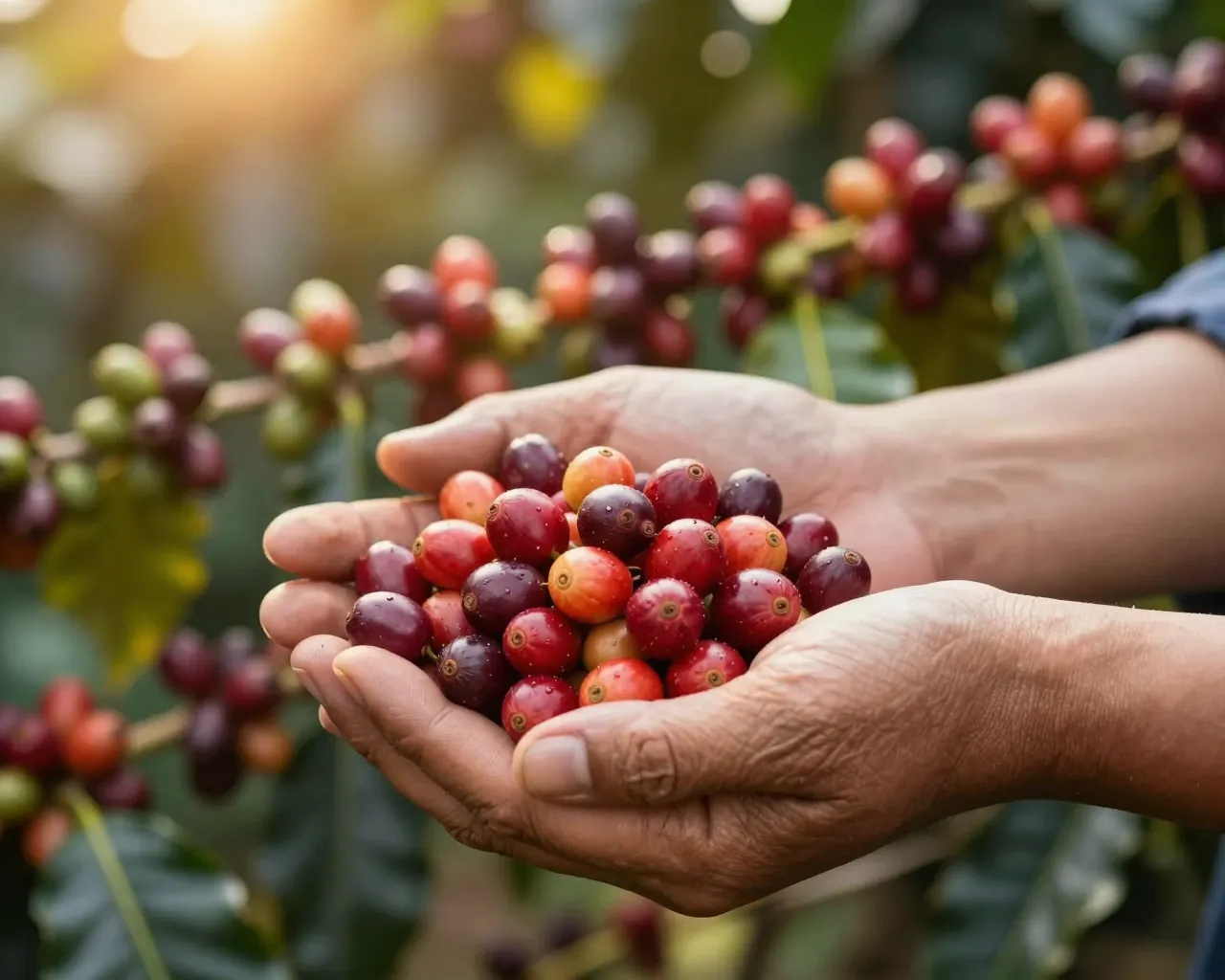 Mãos segurando frutos vermelhos de café recém-colhidos