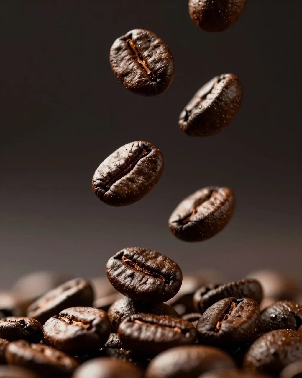 Grãos de café torrados caindo